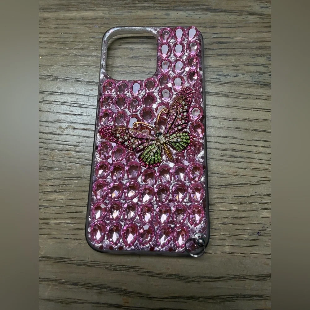 IPhone 14 Pro Más Pink Butterfly Crystal Case